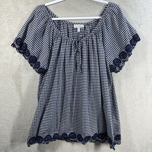 Fashion Bug Blue & White Gingham Plaid Top Size 1X Crochet Trim Cottagecore